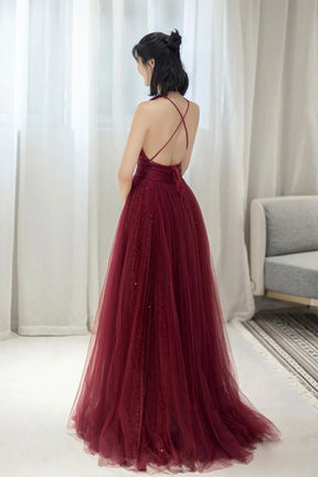 Burgundy Tulle Long A-Line Prom Dress, V-Neck Backless Evening Party Dress