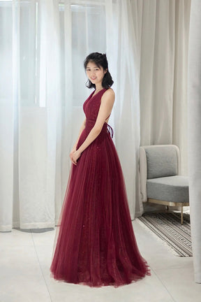 Burgundy Tulle Long A-Line Prom Dress, V-Neck Backless Evening Party Dress
