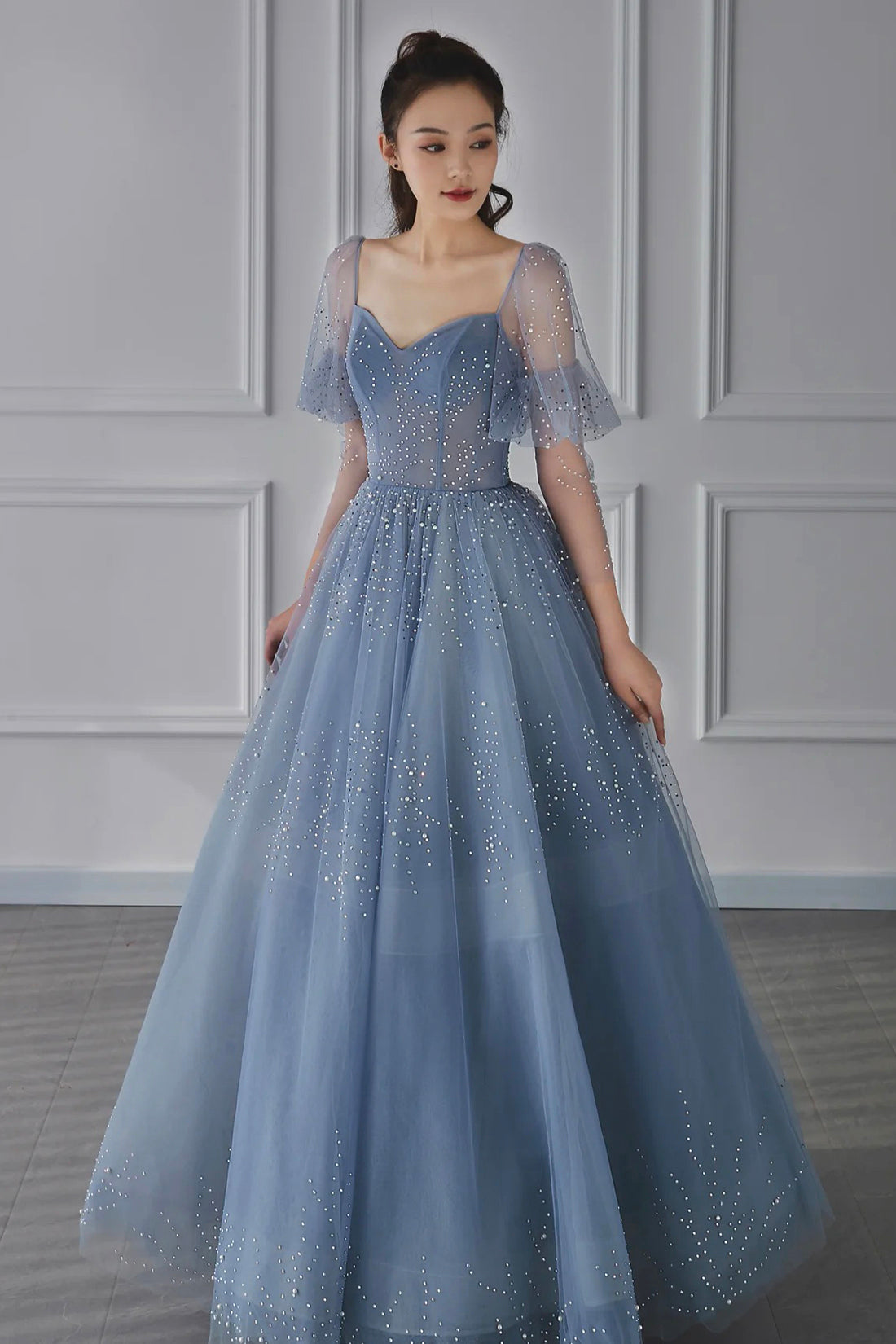 Blue Tulle Beaded Long Sleeve Prom Dress, A-Line Blue Evening Party Dr Blue Tulle Beaded Long Sleeve Prom Dress, A-Line Blue Evening Party Dr