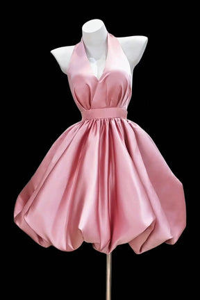 Pink Satin Halter Backless Mini Dress - Elegant Party dress with Puffy Skirt