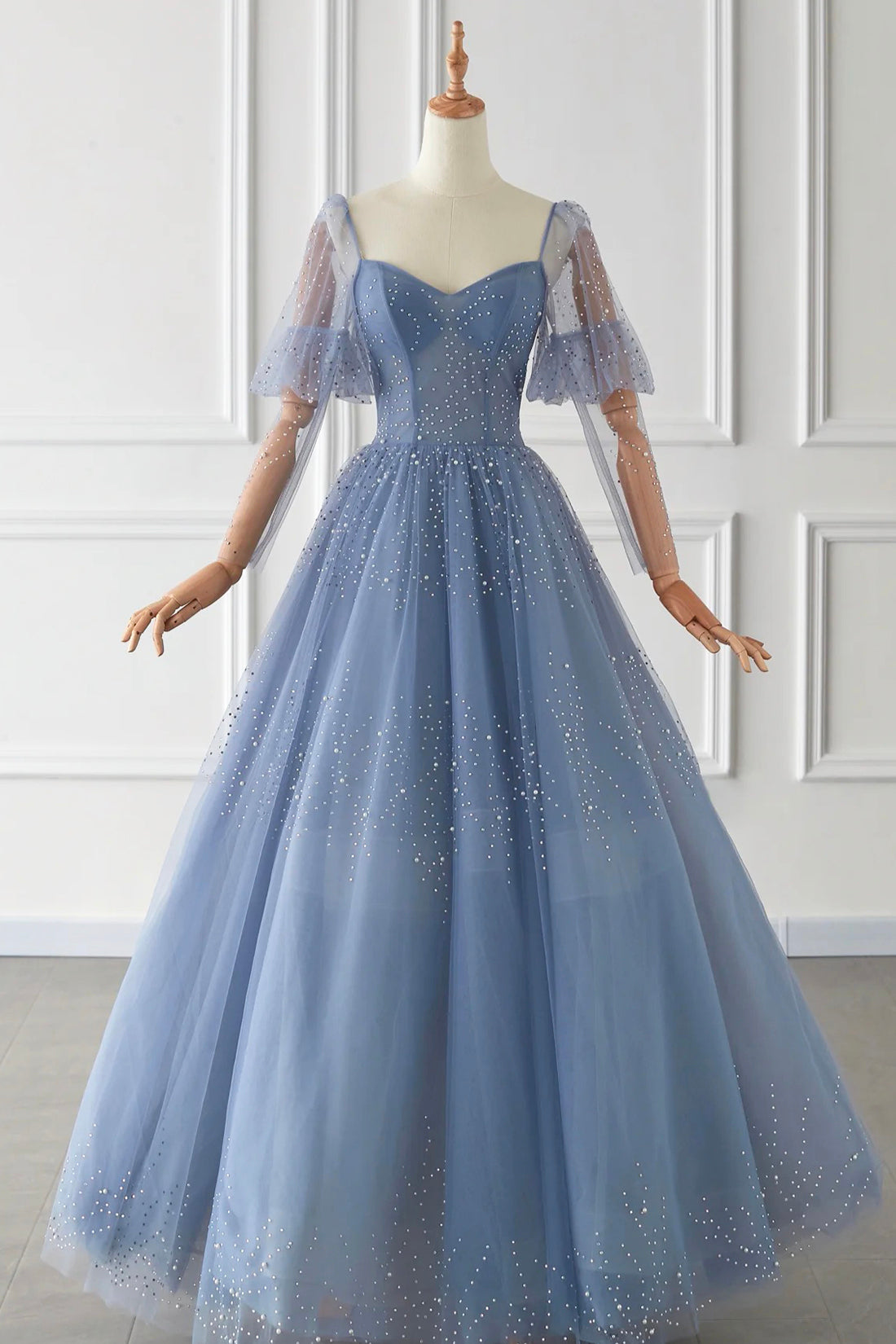 Blue Tulle Beaded Long Sleeve Prom Dress, A-Line Blue Evening Party Dress