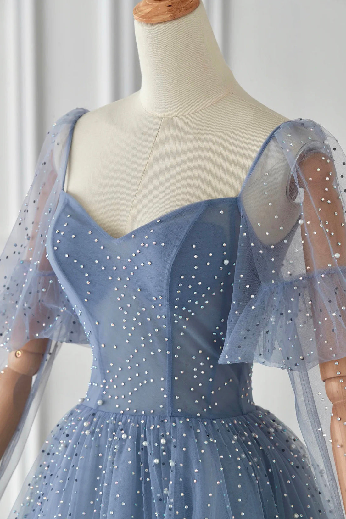 Blue Tulle Beaded Long Sleeve Prom Dress, A-Line Blue Evening Party Dress