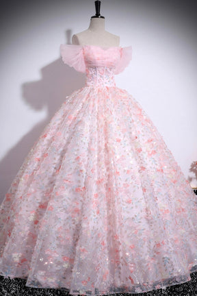 Pink Tulle Floral Long Formal Dress, Beautiful A-Line Off the Shoulder Party Dress