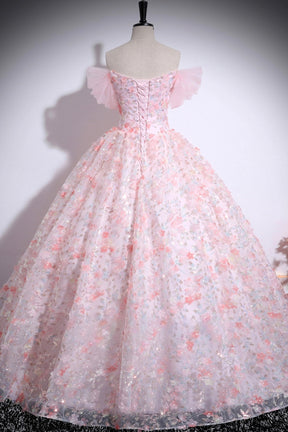 Pink Tulle Floral Long Formal Dress, Beautiful A-Line Off the Shoulder Party Dress