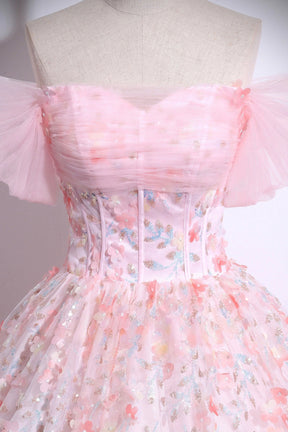 Pink Tulle Floral Long Formal Dress, Beautiful A-Line Off the Shoulder Party Dress