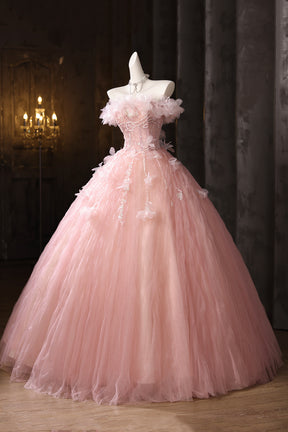 Pink Tulle Lace Long Prom Dress, Beautiful A-Line Evening Party Dress