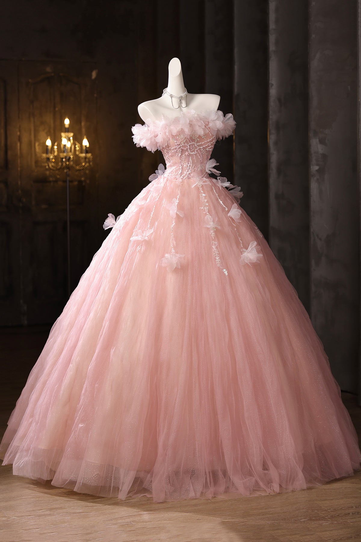 Pink Tulle Lace Long Prom Dress, Beautiful A-Line Evening Party Dress