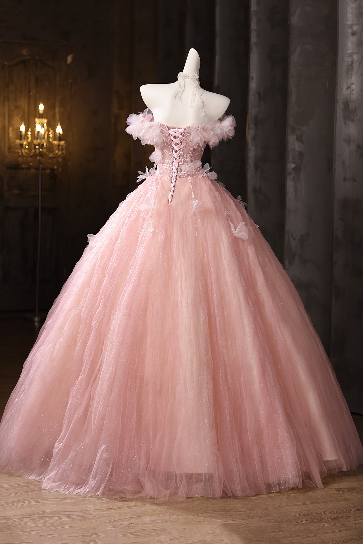 Pink Tulle Lace Long Prom Dress, Beautiful A-Line Evening Party Dress