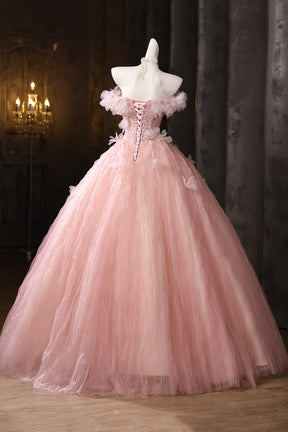 Pink Tulle Lace Long Prom Dress, Beautiful A-Line Evening Party Dress