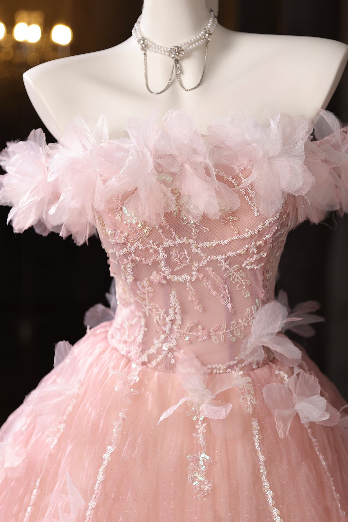 Pink Tulle Lace Long Prom Dress, Beautiful A-Line Evening Party Dress