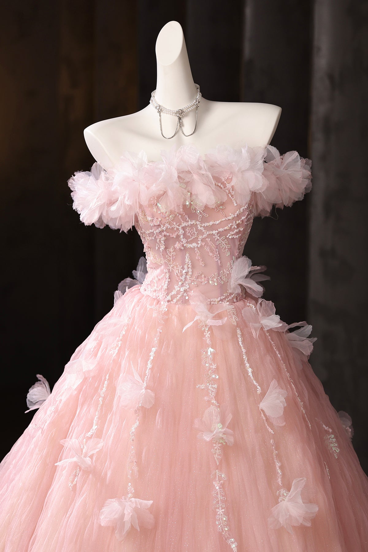 Pink Tulle Lace Long Prom Dress, Beautiful A-Line Evening Party Dress