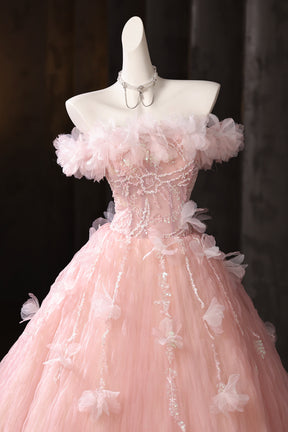 Pink Tulle Lace Long Prom Dress, Beautiful A-Line Evening Party Dress