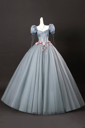 Gray Tulle Flowers Long Prom Dress with Corset, Beautiful A-Line Formal Dress