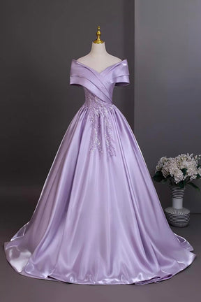 Elegant Lilac Satin Prom Dress Off-the-Shoulder Ball Gown