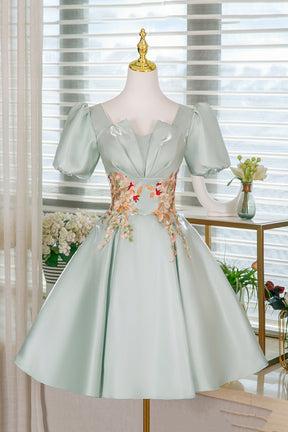 Light Green Satin Lace Short Prom Dress, A-Line Short Sleeve Party Dress