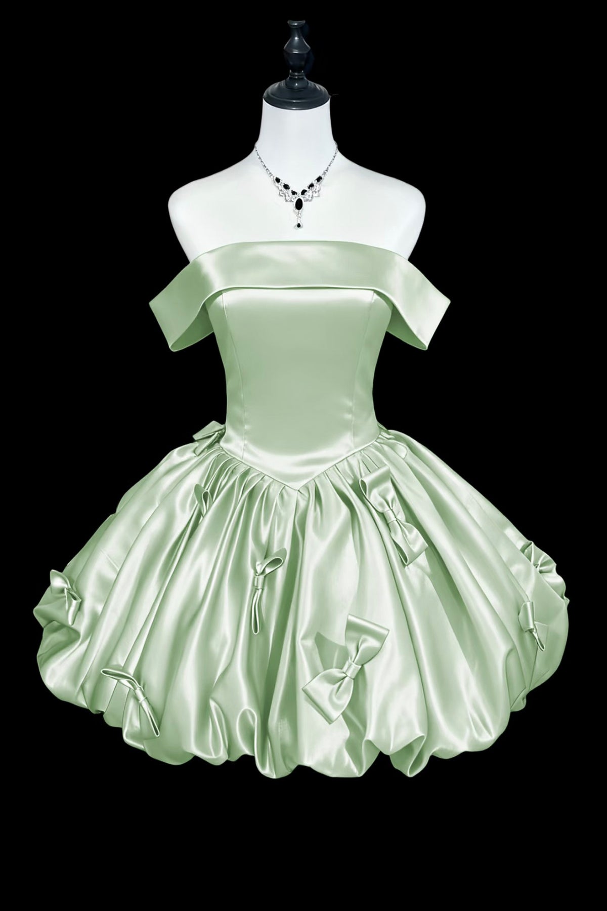 Pale Mint/Blue Satin Off-Shoulder Mini Dress with Bow, Cute A-Line Party Dress