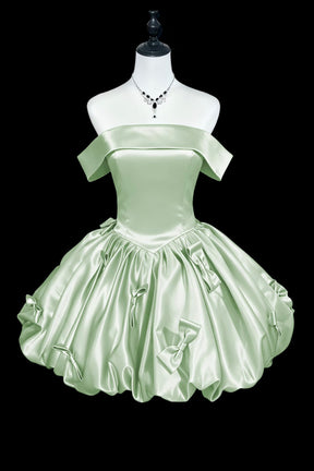 Pale Mint/Blue Satin Off-Shoulder Mini Dress with Bow, Cute A-Line Party Dress