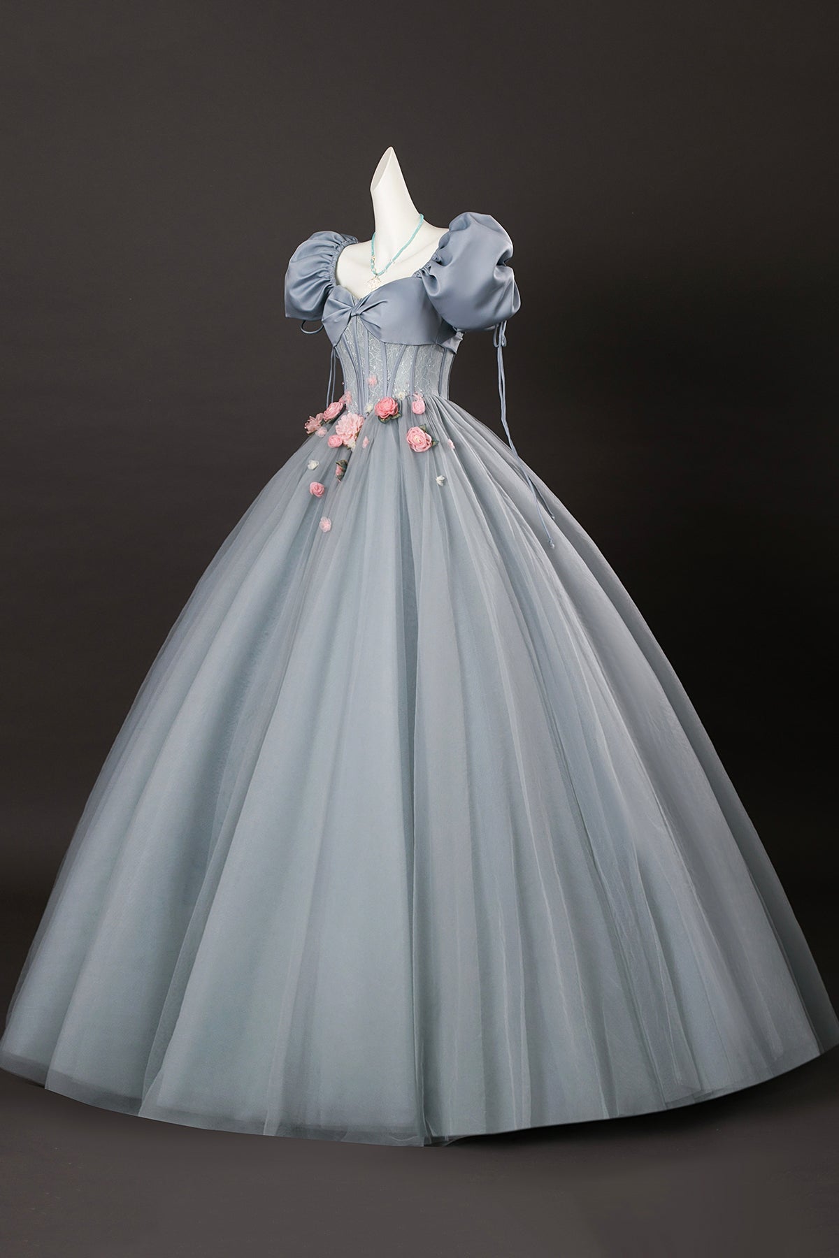 Gray Tulle Flowers Long Prom Dress with Corset, Beautiful A-Line Formal Dress