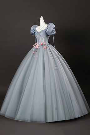 Gray Tulle Flowers Long Prom Dress with Corset, Beautiful A-Line Formal Dress