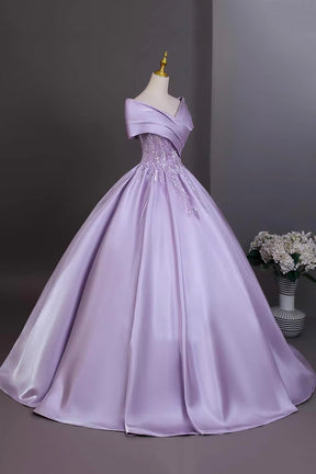 Elegant Lilac Satin Prom Dress Off-the-Shoulder Ball Gown