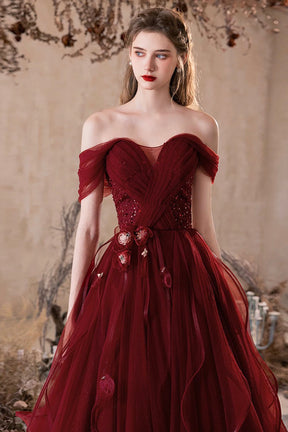 Burgundy Tulle Long Prom Dress, Lovely A-Line Off the Shoulder Party Dress
