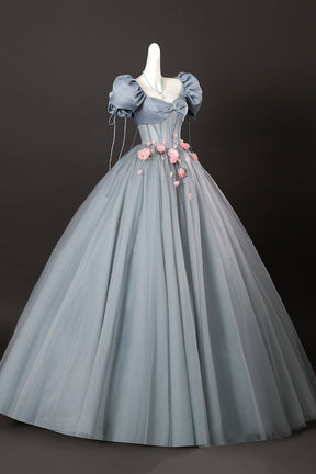 Gray Tulle Flowers Long Prom Dress with Corset, Beautiful A-Line Formal Dress