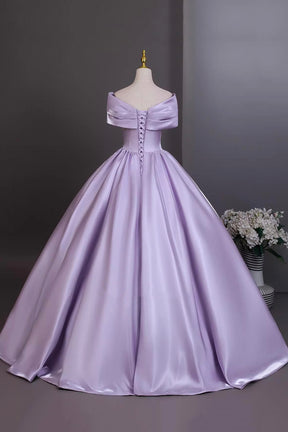 Elegant Lilac Satin Prom Dress Off-the-Shoulder Ball Gown