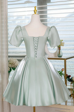 Light Green Satin Lace Short Prom Dress, A-Line Short Sleeve Party Dress