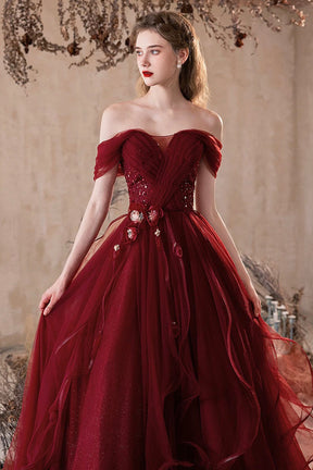 Burgundy Tulle Long Prom Dress, Lovely A-Line Off the Shoulder Party Dress