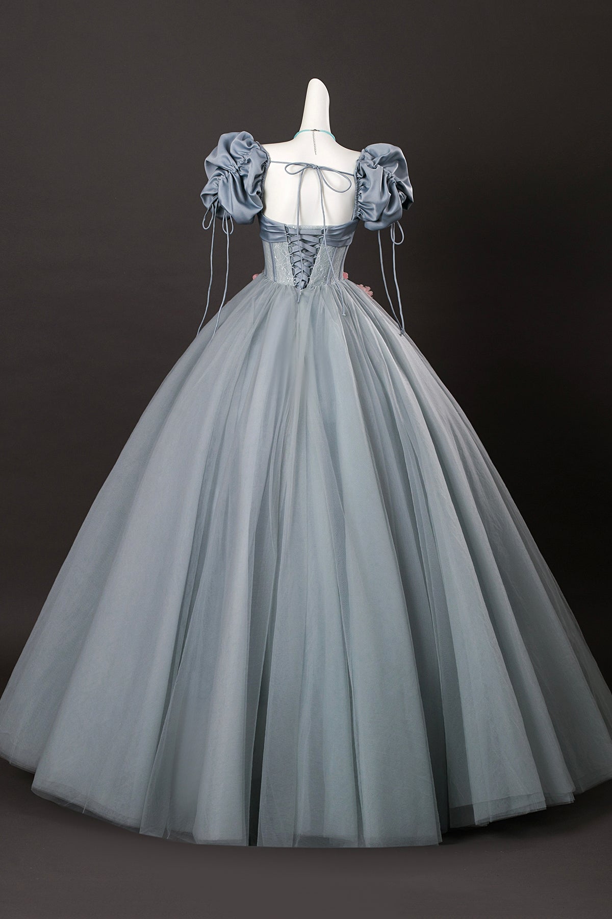 Gray Tulle Flowers Long Prom Dress with Corset, Beautiful A-Line Formal Dress