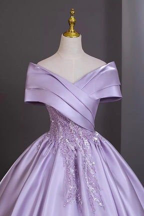 Elegant Lilac Satin Prom Dress Off-the-Shoulder Ball Gown