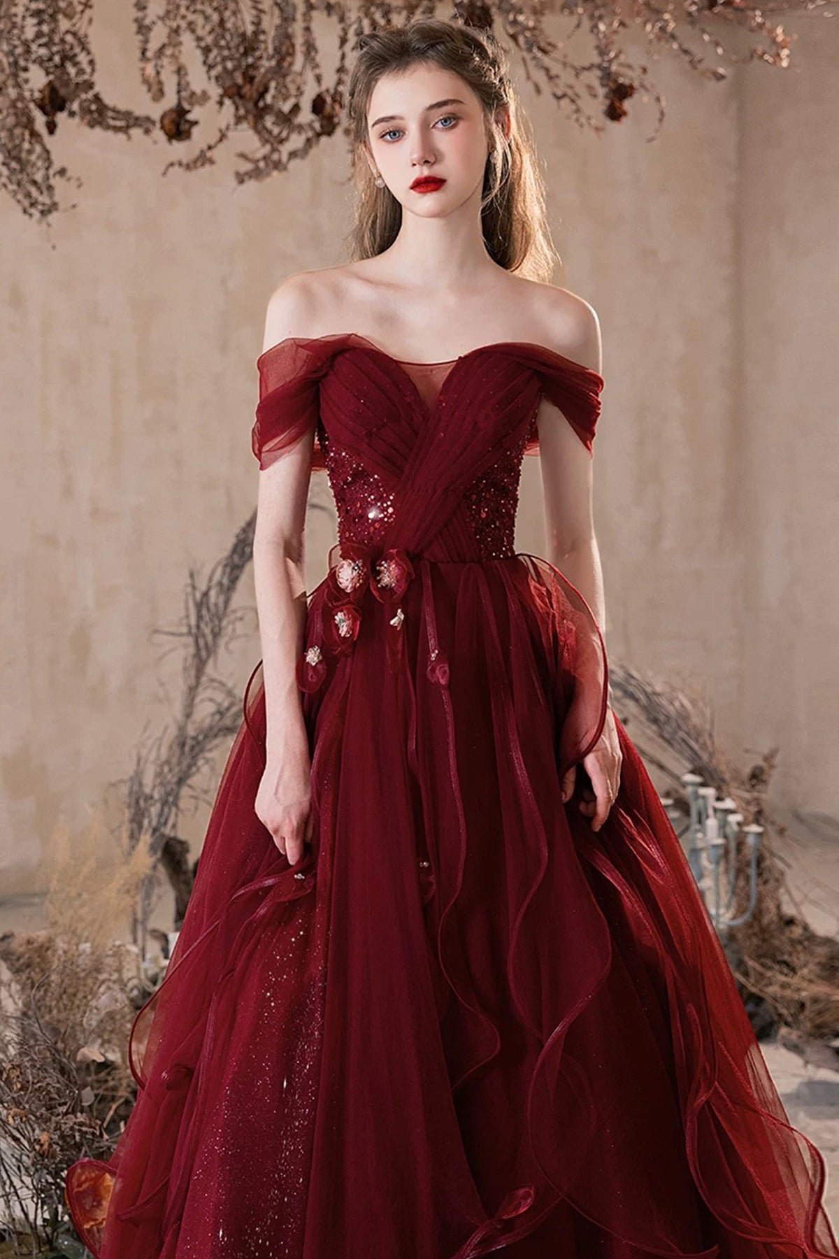 Burgundy Tulle Long Prom Dress, Lovely A-Line Off the Shoulder Party Dress