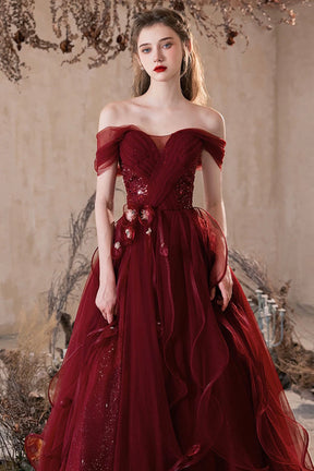 Burgundy Tulle Long Prom Dress, Lovely A-Line Off the Shoulder Party Dress