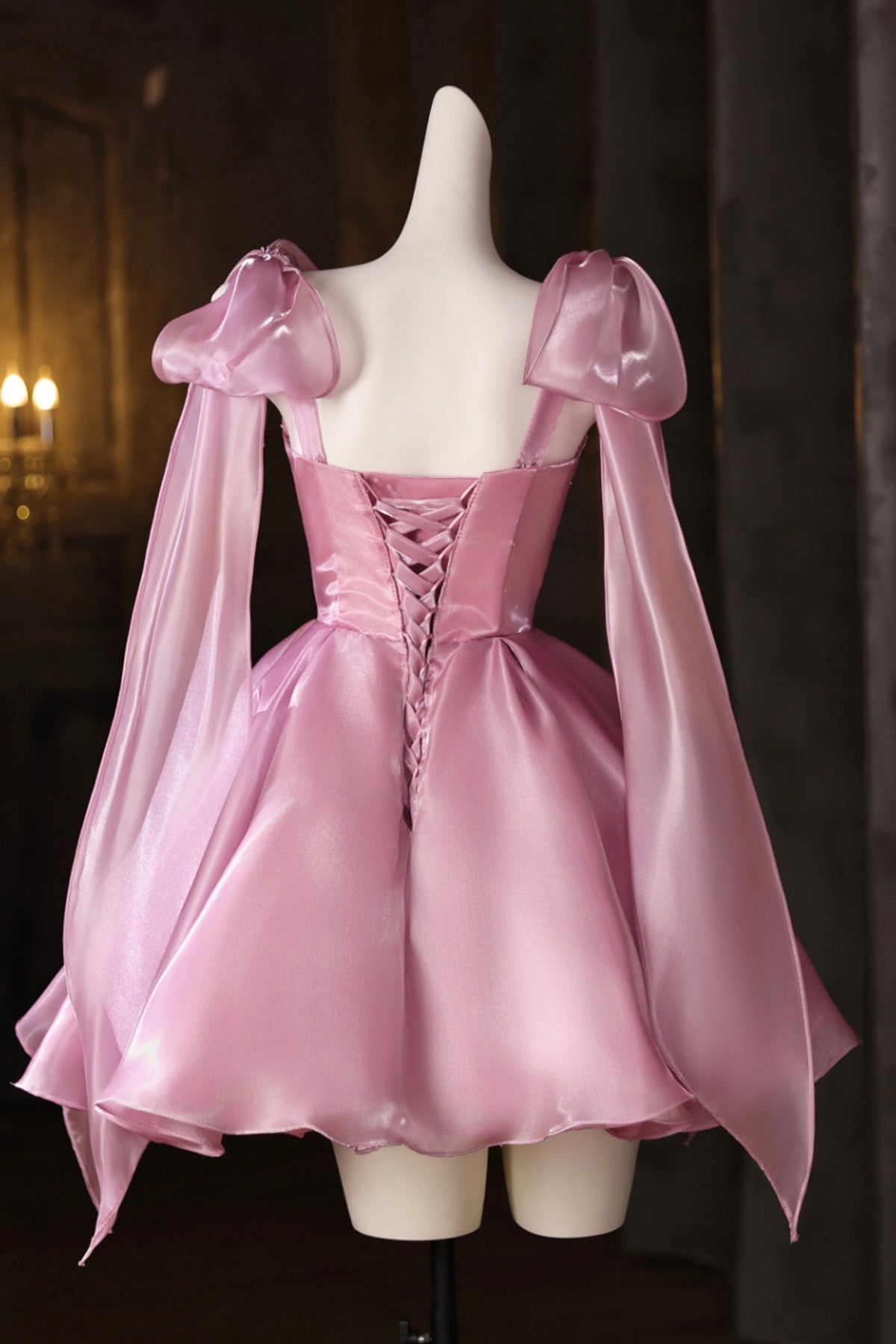 Pink Tulle Knee Length Party Dress, A-Line Corset Homecoming Dress