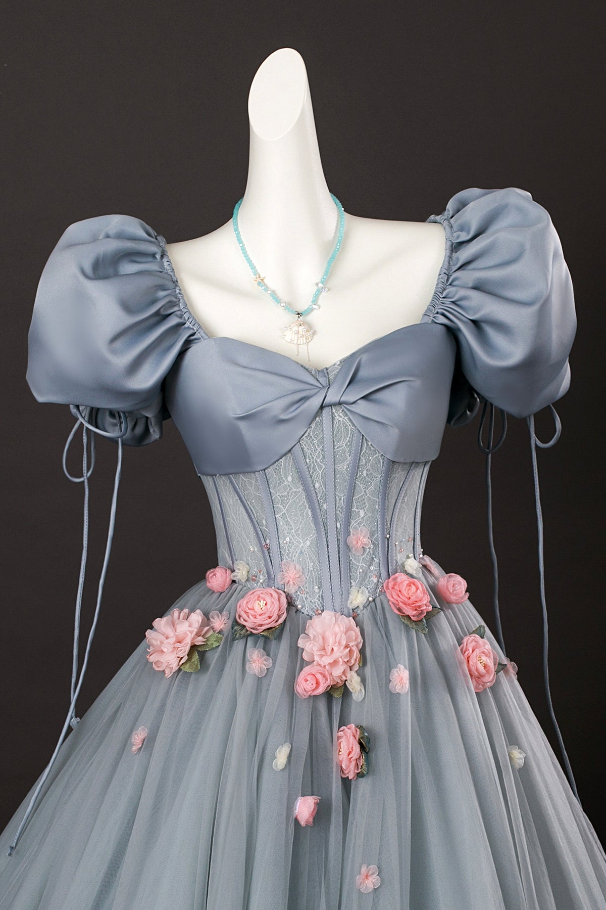 Gray Tulle Flowers Long Prom Dress with Corset, Beautiful A-Line Formal Dress