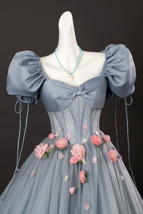 Gray Tulle Flowers Long Prom Dress with Corset, Beautiful A-Line Formal Dress