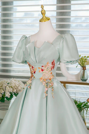 Light Green Satin Lace Short Prom Dress, A-Line Short Sleeve Party Dress