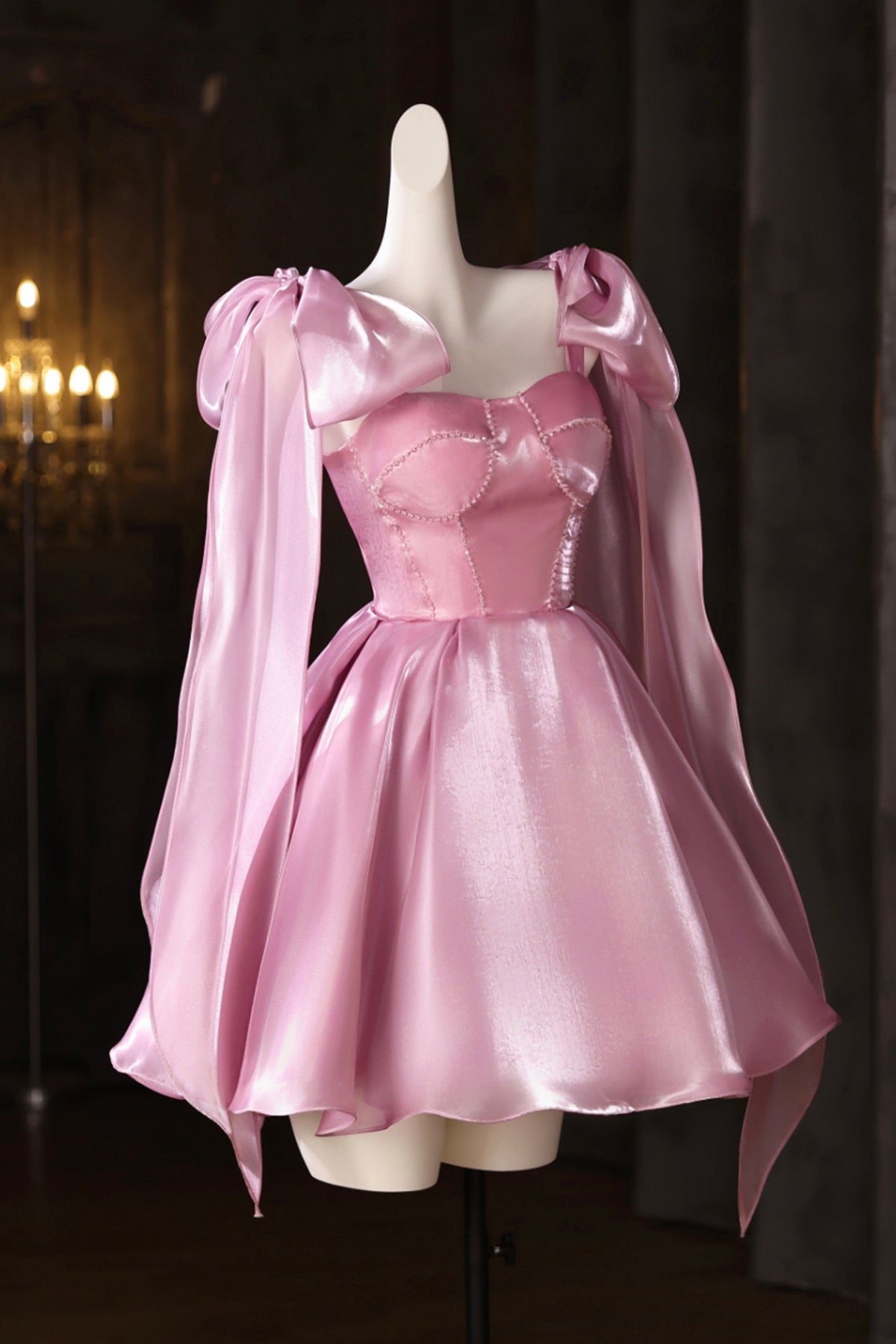 Pink Tulle Knee Length Party Dress, A-Line Corset Homecoming Dress