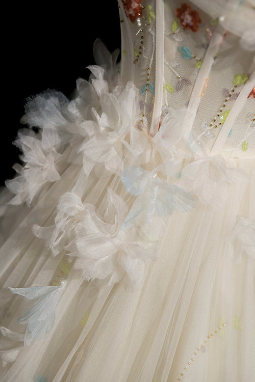 Champagne tulle beads long prom dress, A line tulle formal dress main image 0
