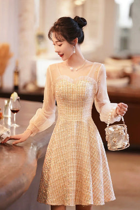 Champagne Long Sleeve Party Dress, Beautiful Knee/Tea Length Prom Dress