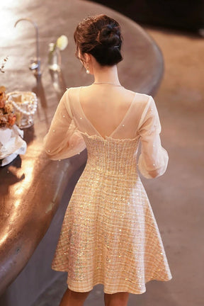 Champagne Long Sleeve Party Dress, Beautiful Knee/Tea Length Prom Dress