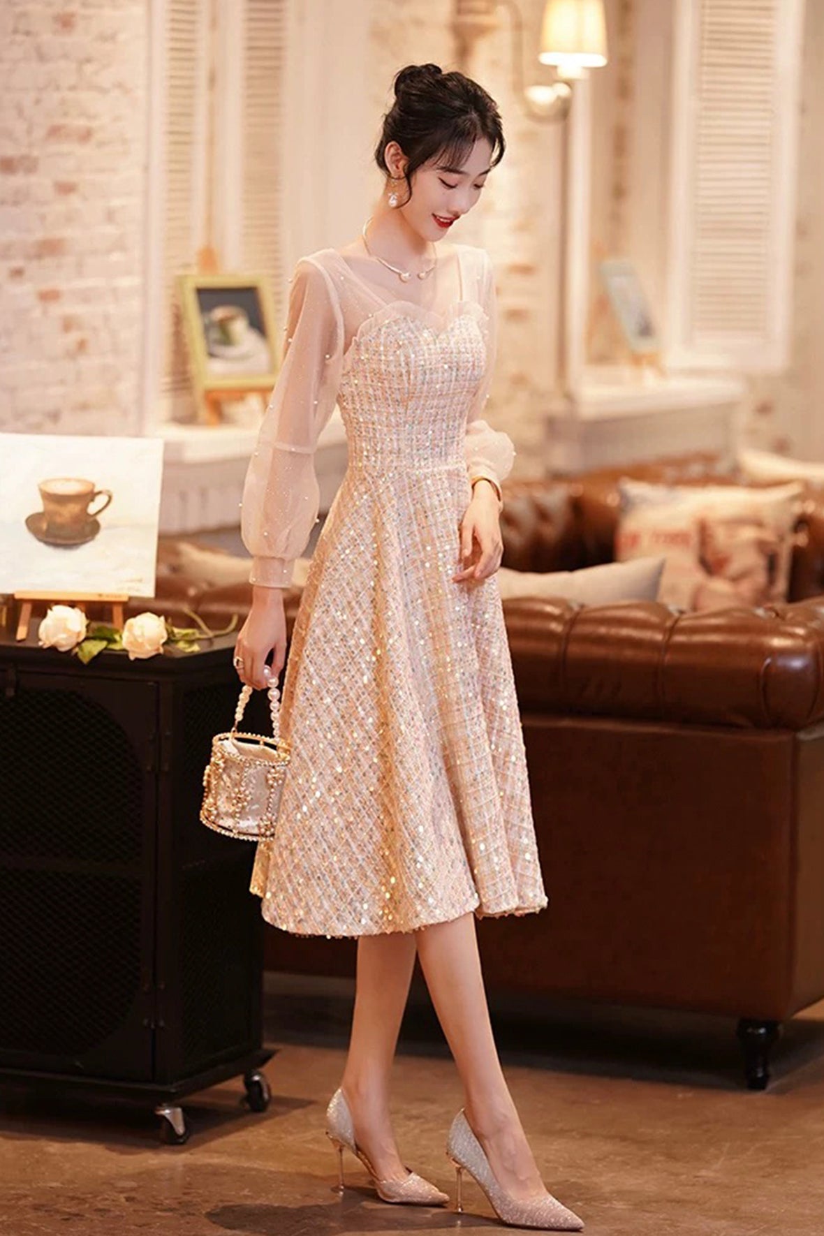 Champagne Long Sleeve Party Dress, Beautiful Knee/Tea Length Prom Dress