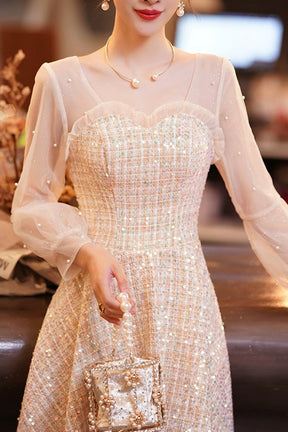 Champagne Long Sleeve Party Dress, Beautiful Knee/Tea Length Prom Dress