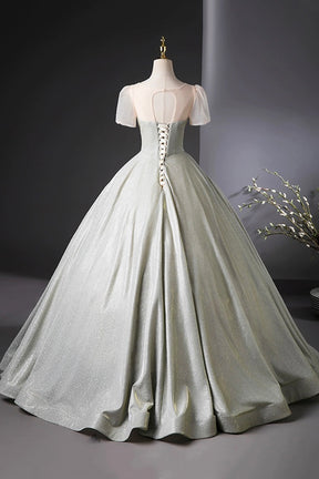 Beautiful Silver Glitter Floor Length Prom Dress, A-Line Short Sleeve Evening Party Dress