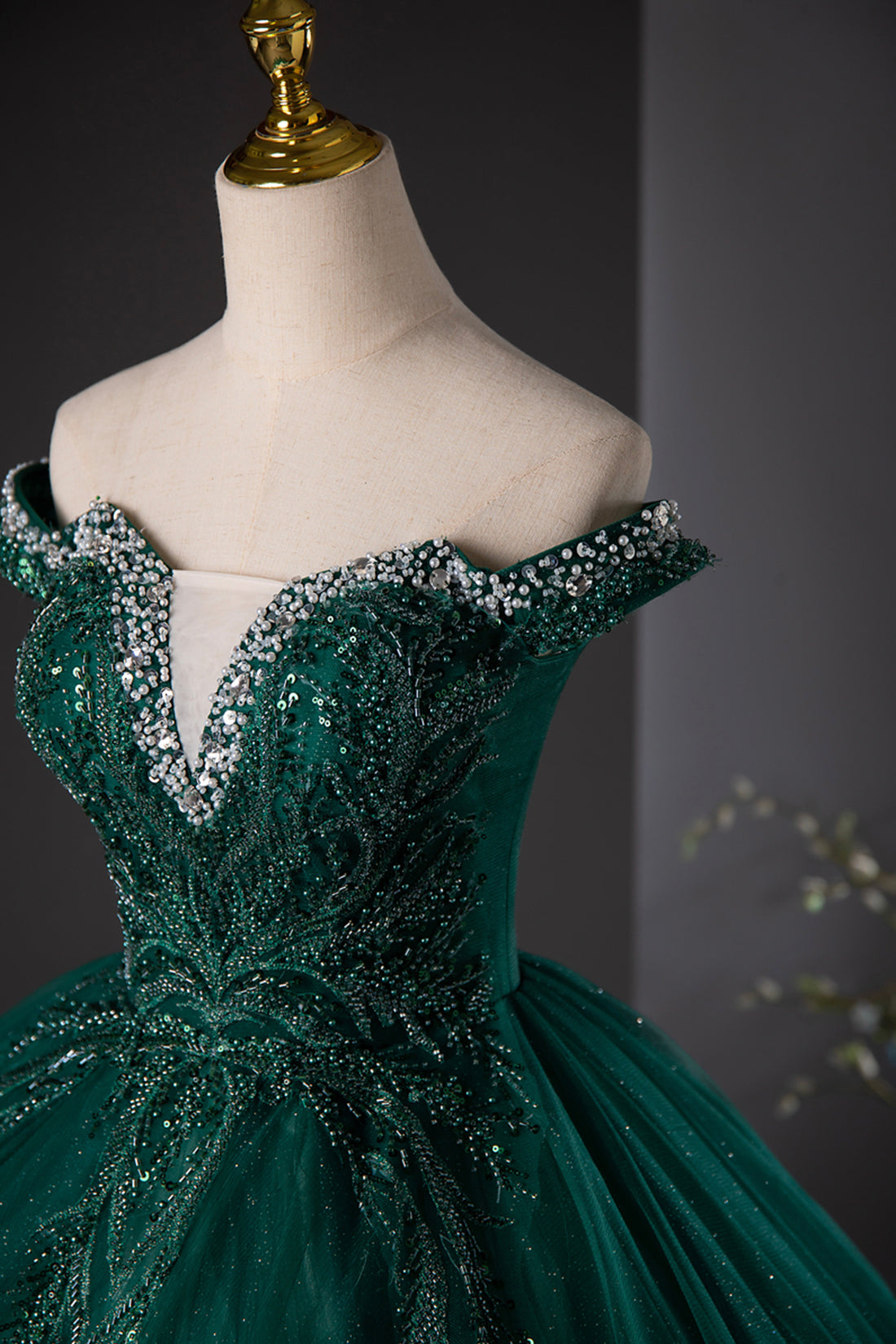 Green Tulle Beads Long Prom Dress, Elegant Off Shoulder Party Formal D Green Tulle Beads Long Prom Dress, Elegant Off Shoulder Party Formal D