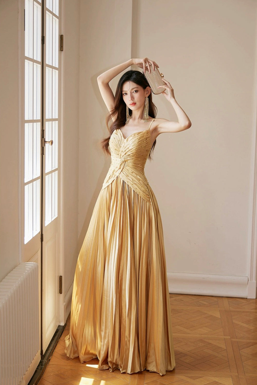 Gold Satin Long Backless Prom Dress, A-Line Spaghetti Strap Evening Pa