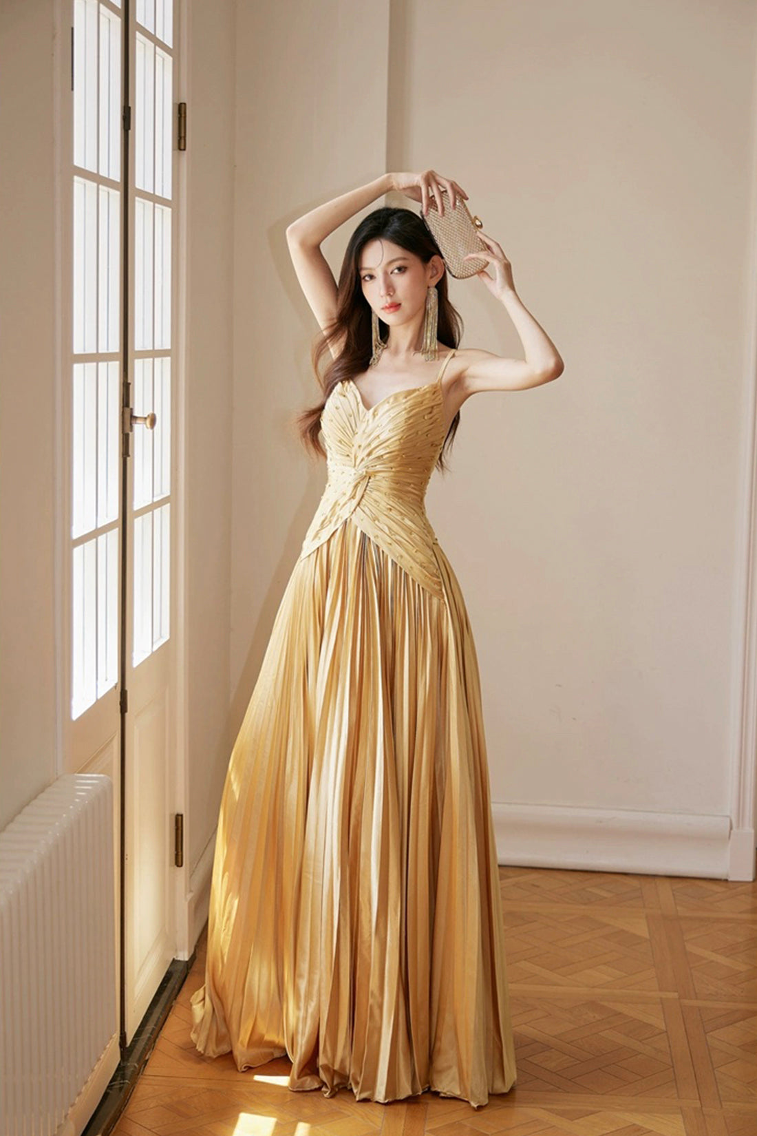 Gold Satin Long Backless Prom Dress, A-Line Spaghetti Strap Evening Party Dress