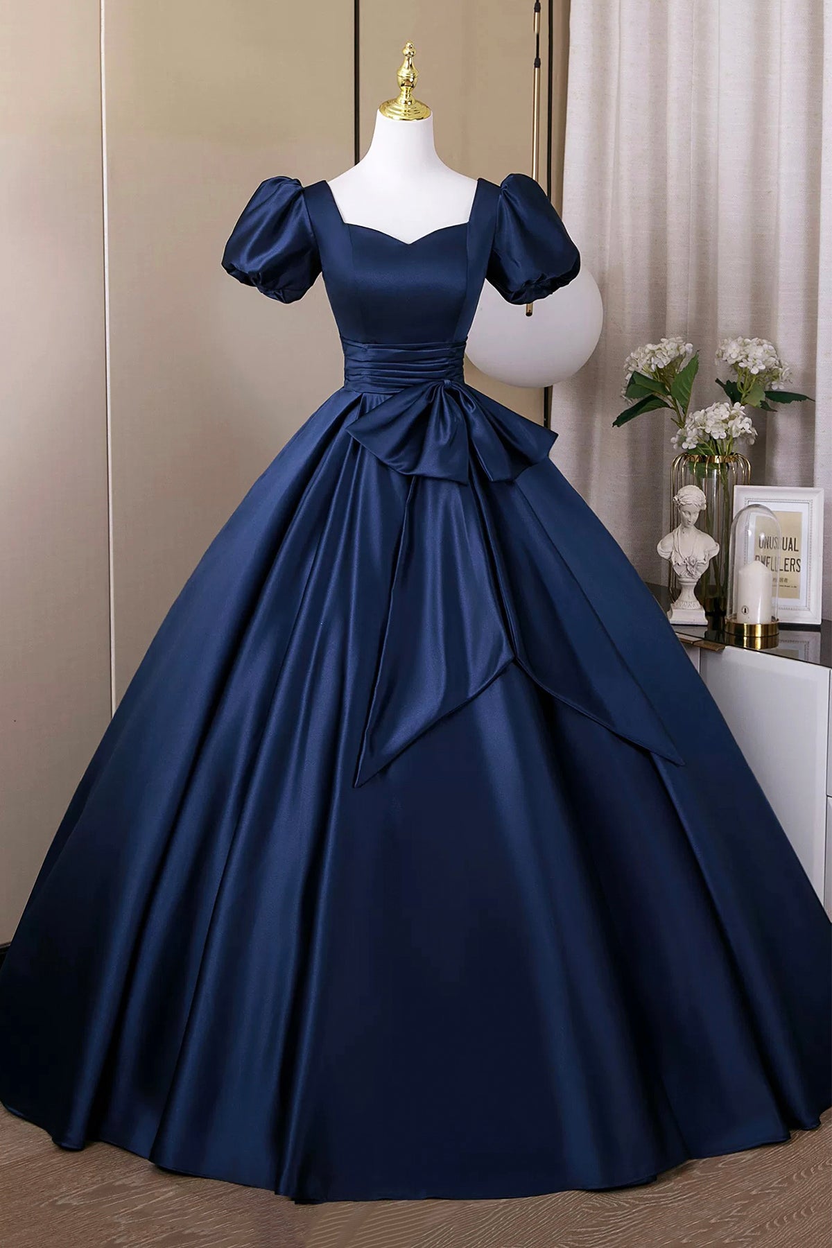 A-Line Satin Long Prom Dress, Navy Short Sleeve Evening Party Dress