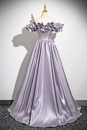 Lovely Satin Floor Length Prom Dress, Purple A-Line Off Shoulder Evening Dress