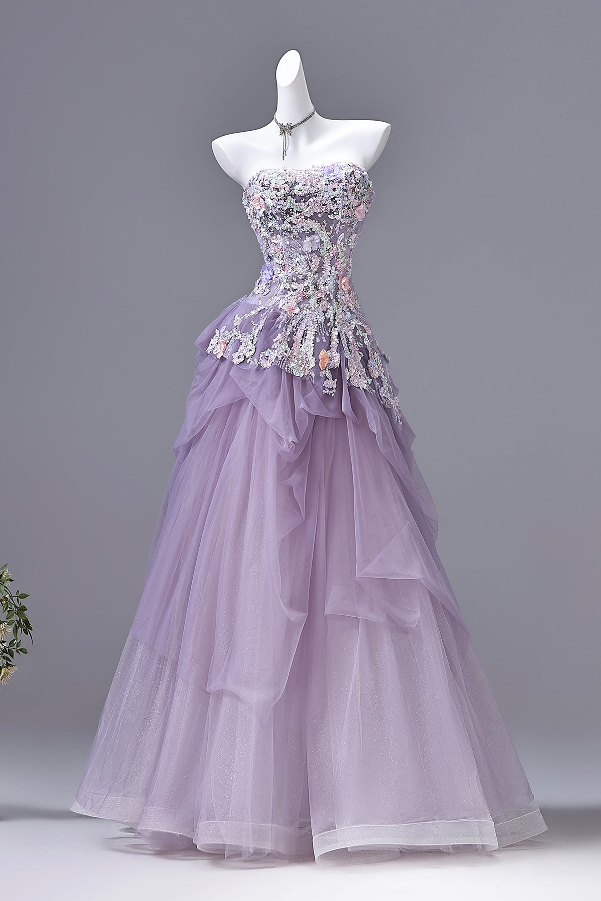 Lavender Purple Strapless Floral Beaded Prom Gown | Tulle Evening Dress with Drape